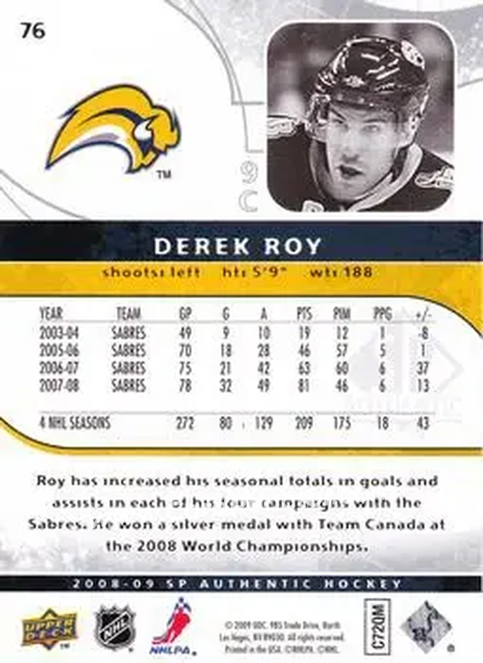 2008-09 SP Authentic #76 - Derek Roy - Buffalo Sabres - Back