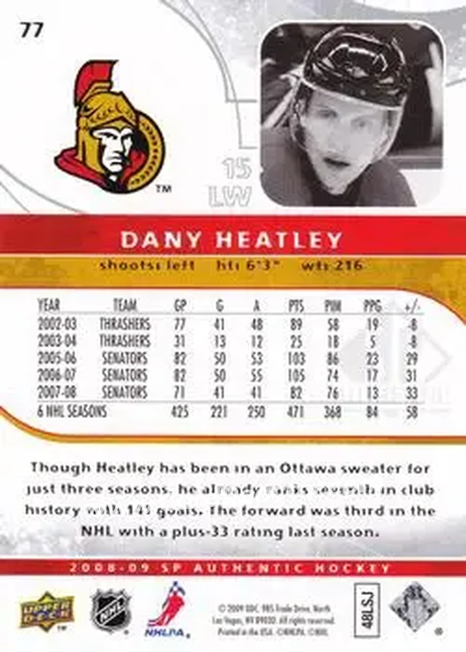 2008-09 SP Authentic #77 - Dany Heatley - Ottawa Senators - Back 2008-09 SP Authentic #77 - Dany Heatley - Ottawa Senators - Back