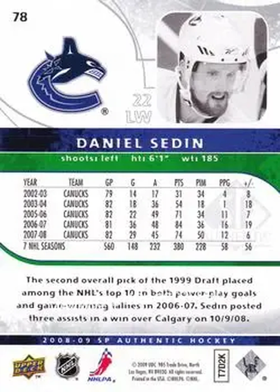 2008-09 SP Authentic #78 - Daniel Sedin - Vancouver Canucks - Back 2008-09 SP Authentic #78 - Daniel Sedin - Vancouver Canucks - Back