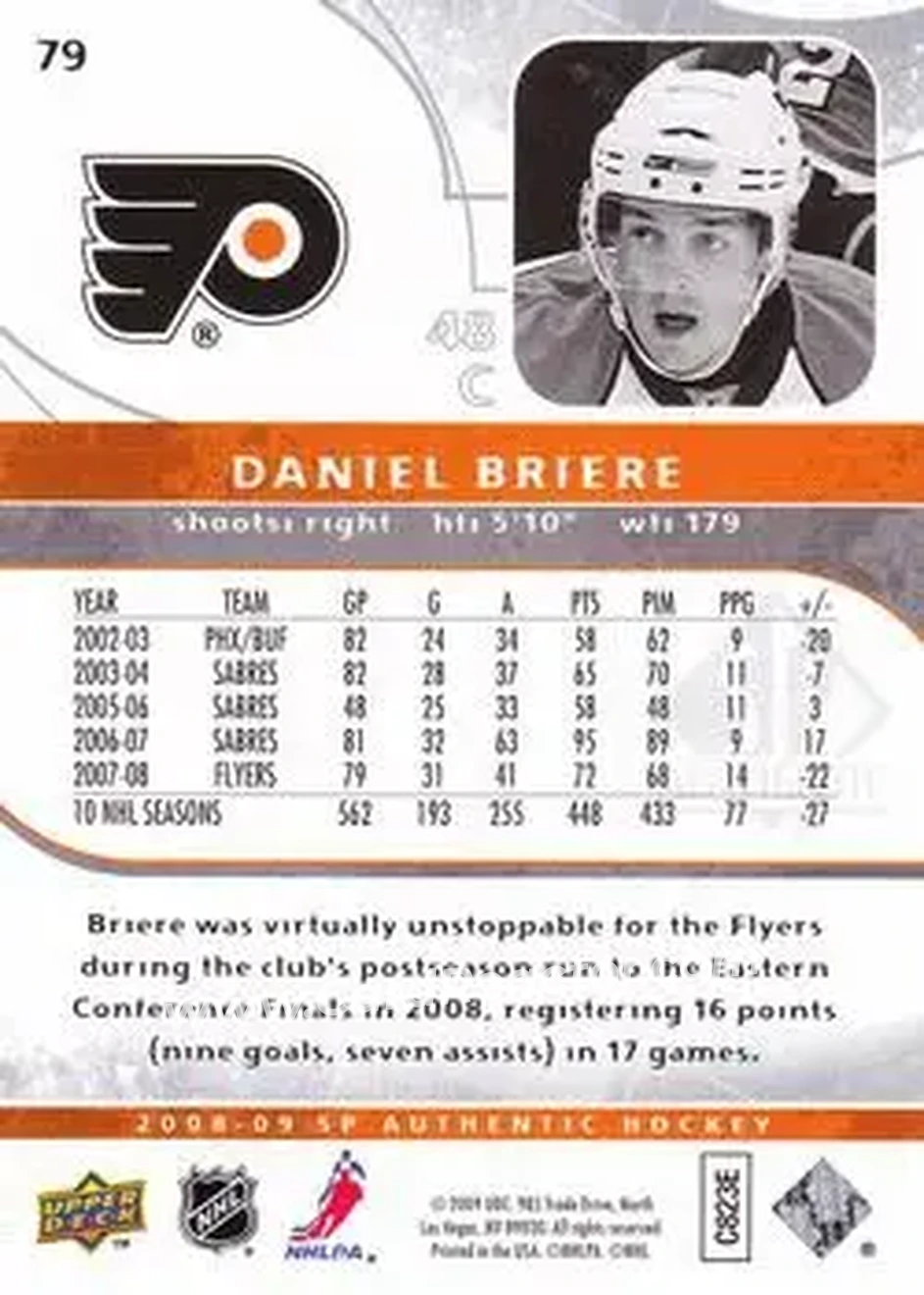 2008-09 SP Authentic #79 - Daniel Briere - Philadelphia Flyers - Back