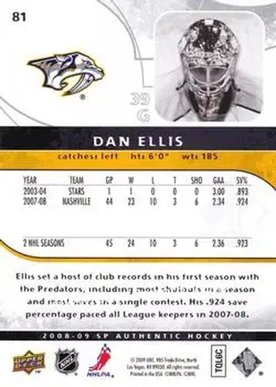 2008-09 SP Authentic #81 - Dan Ellis - Nashville Predators - Back
