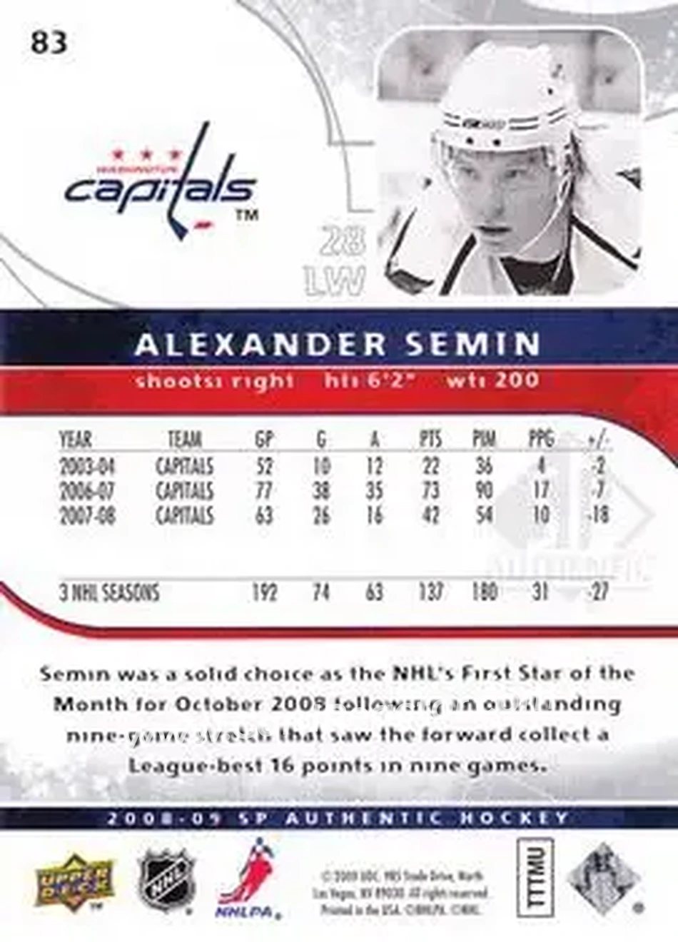 2008-09 SP Authentic #83 - Alexander Semin - Washington Capitals - Back