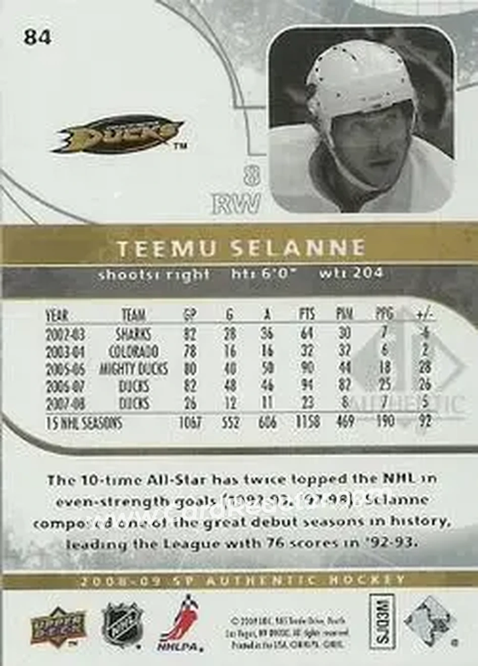 2008-09 SP Authentic #84 - Teemu Selanne - Anaheim Ducks - Back 2008-09 SP Authentic #84 - Teemu Selanne - Anaheim Ducks - Back