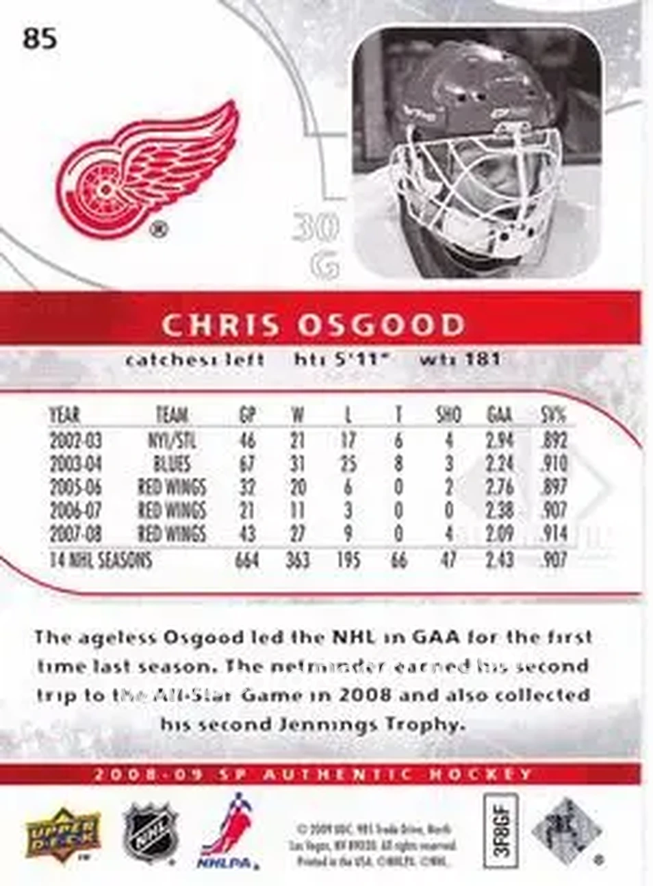 2008-09 SP Authentic #85 - Chris Osgood - Detroit Red Wings - Back