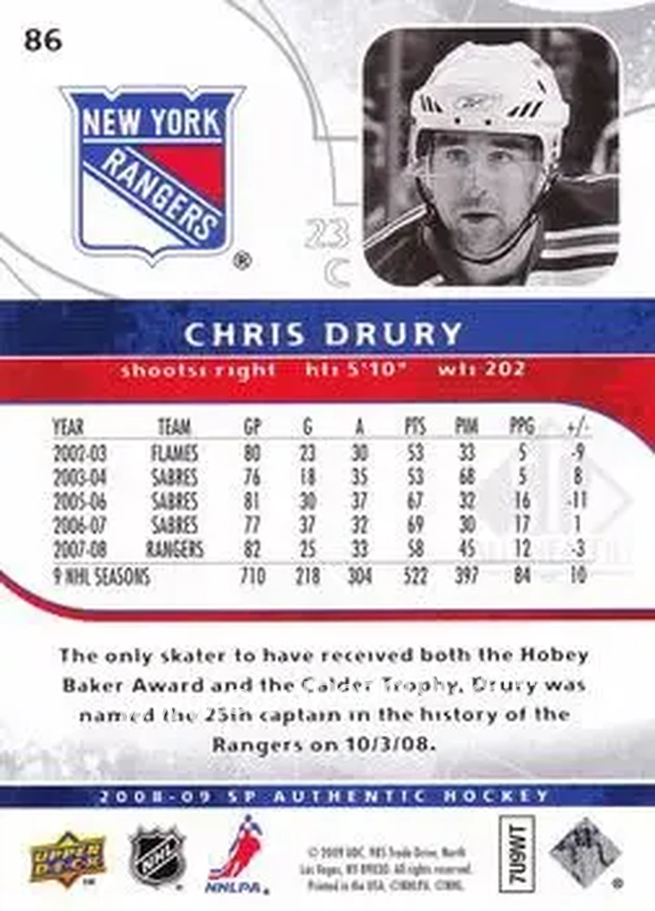 2008-09 SP Authentic #86 - Chris Drury - New York Rangers - Back