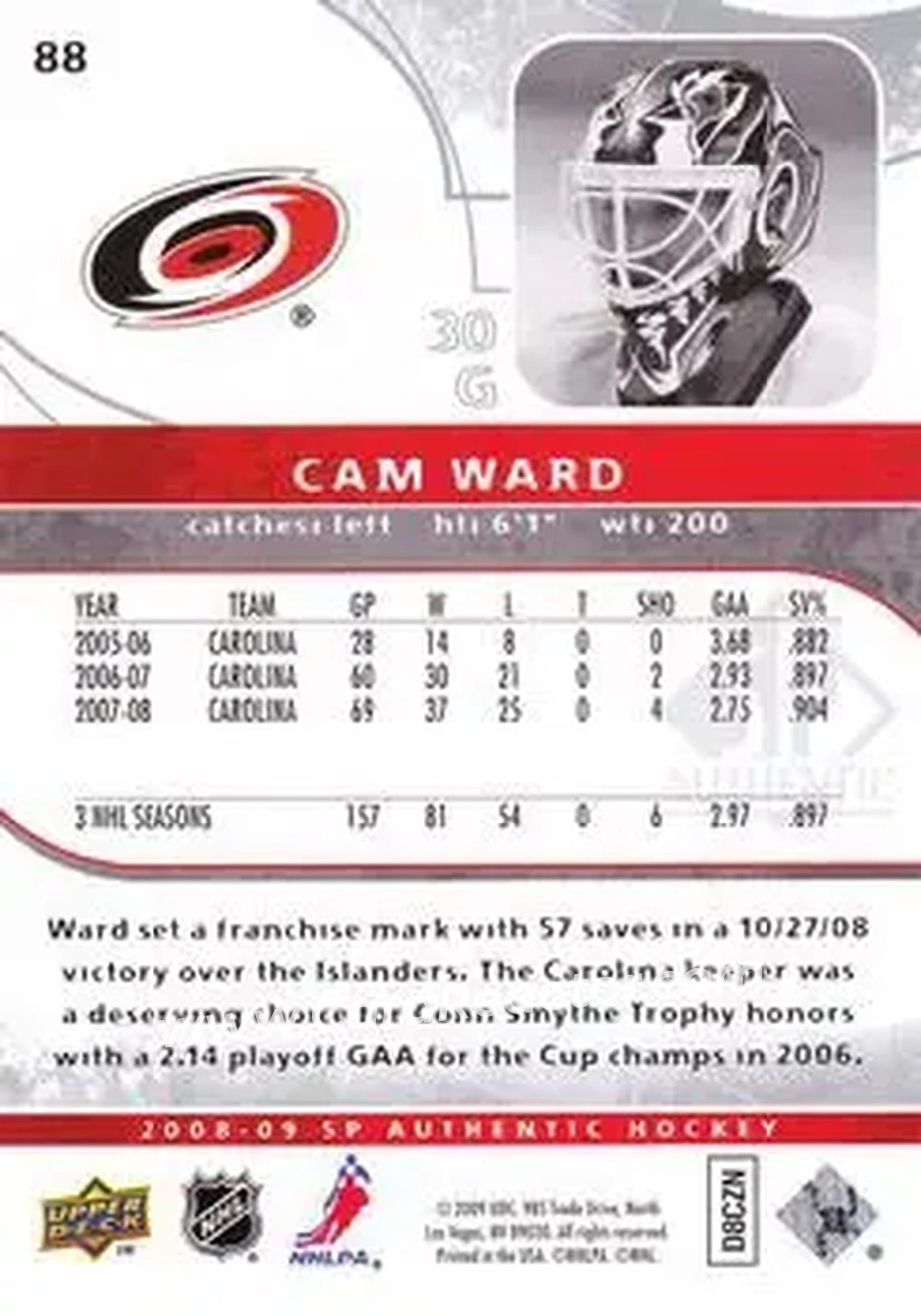 2008-09 SP Authentic #88 - Cam Ward - Carolina Hurricanes - Back