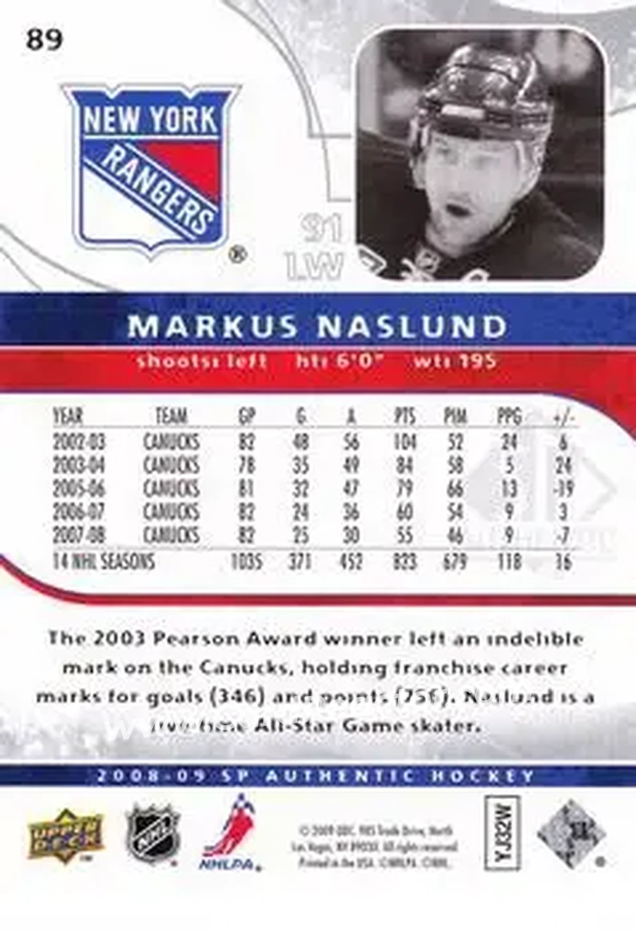 2008-09 SP Authentic #89 - Markus Naslund - New York Rangers - Back