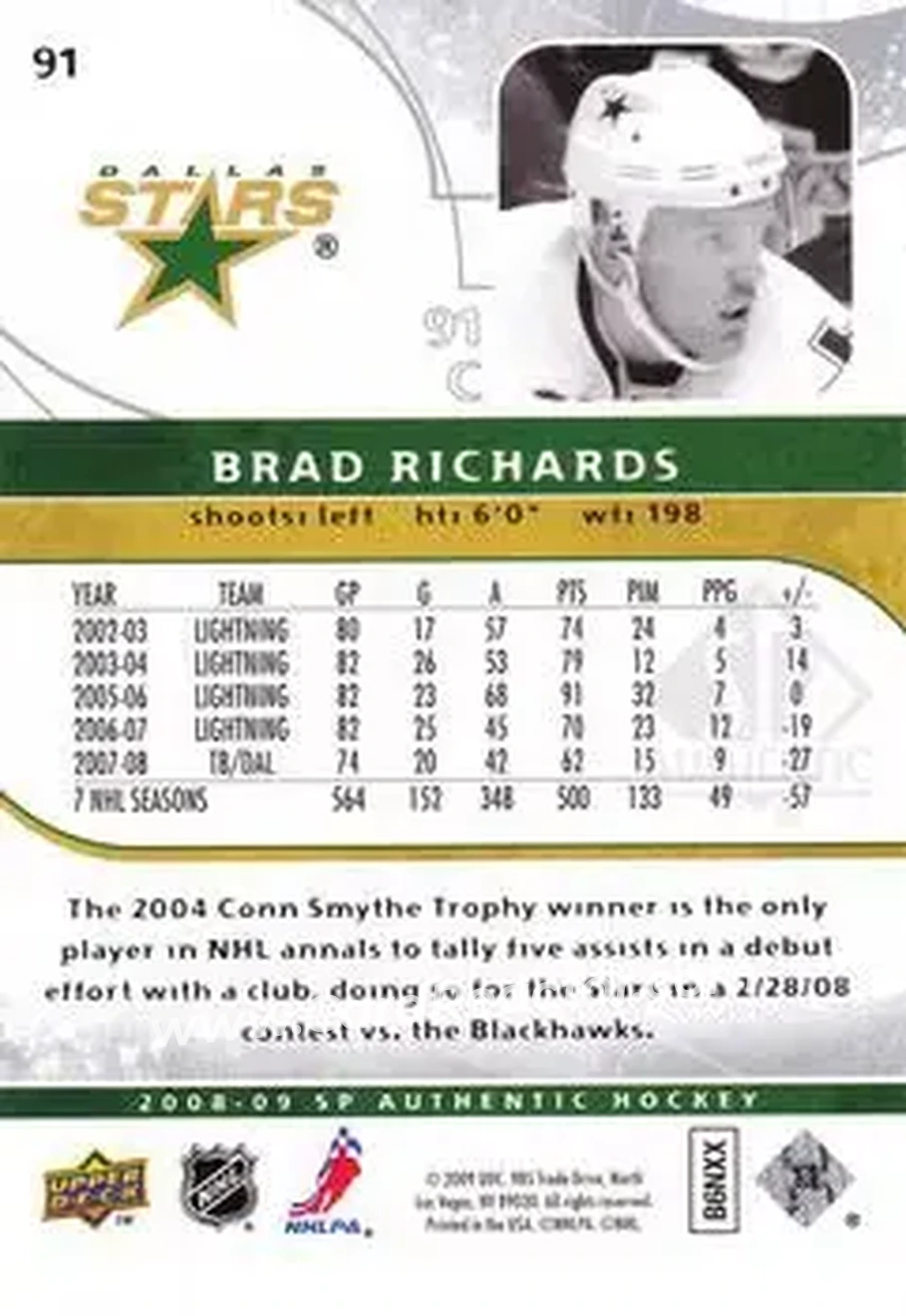 2008-09 SP Authentic #91 - Brad Richards - Dallas Stars - Back