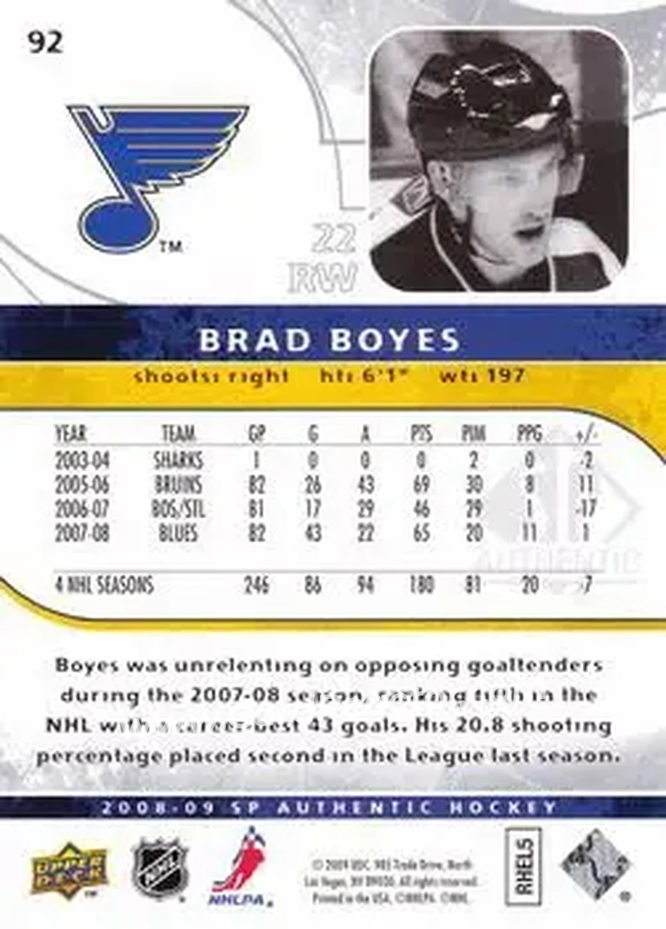 2008-09 SP Authentic #92 - Brad Boyes - St. Louis Blues - Back