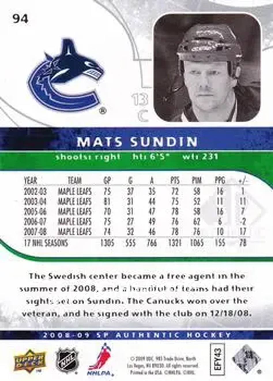 2008-09 SP Authentic #94 - Mats Sundin - Vancouver Canucks - Back