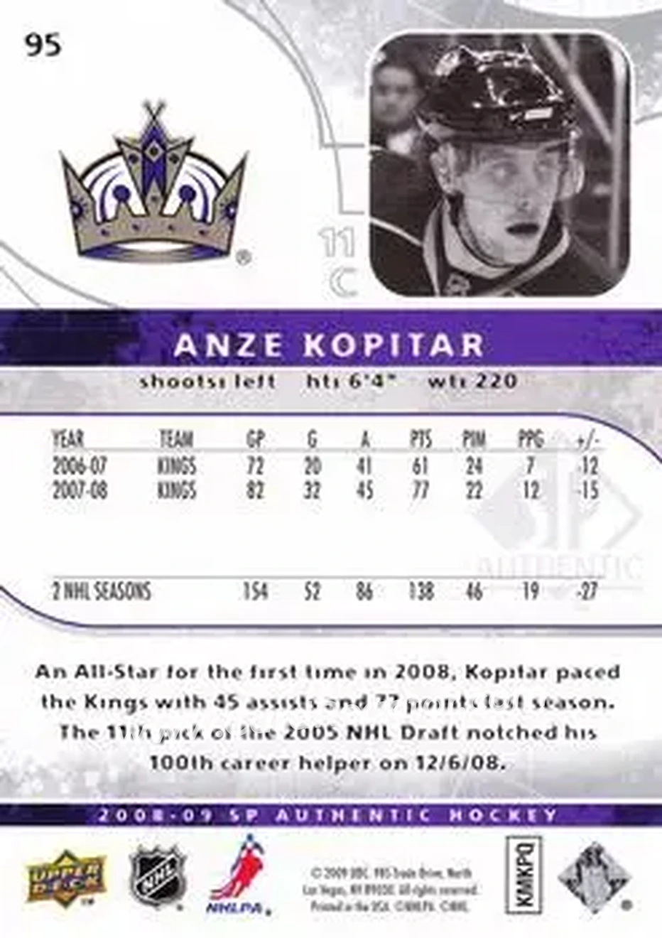 2008-09 SP Authentic #95 - Anze Kopitar - Los Angeles Kings - Back