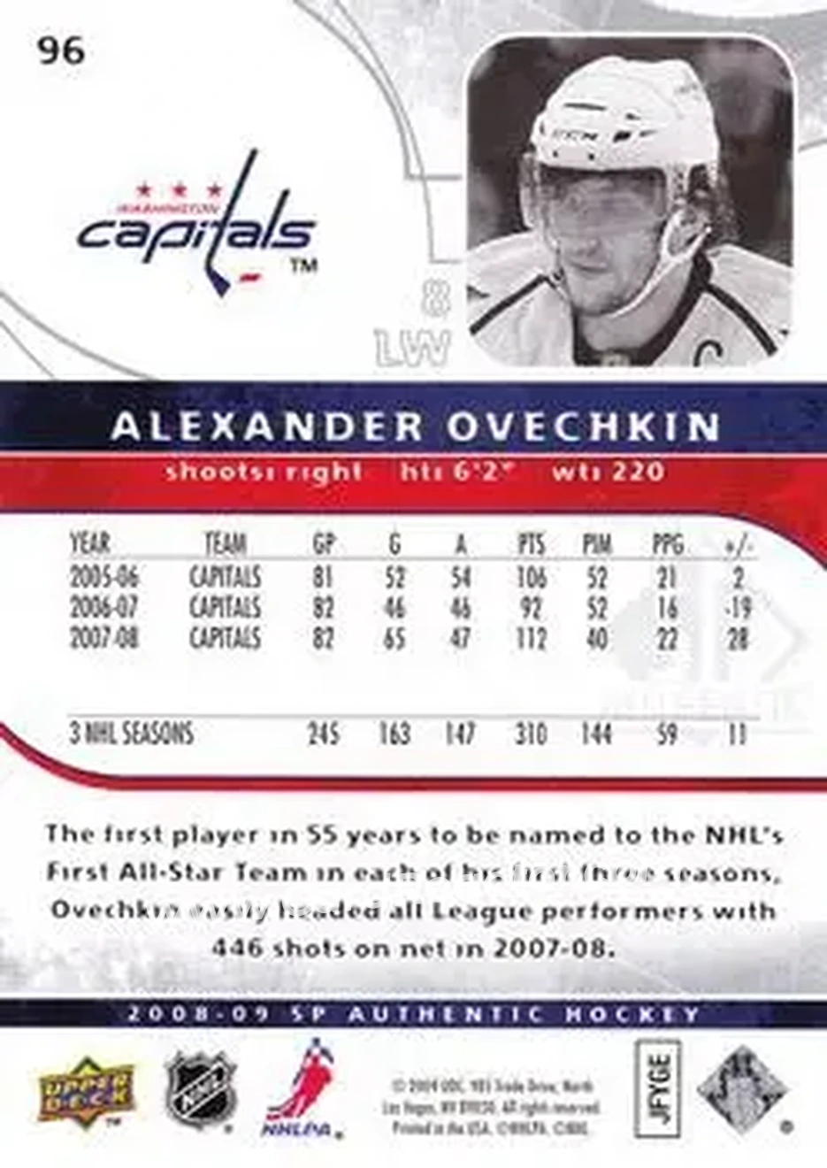 2008-09 SP Authentic #96 - Alex Ovechkin - Washington Capitals - Back