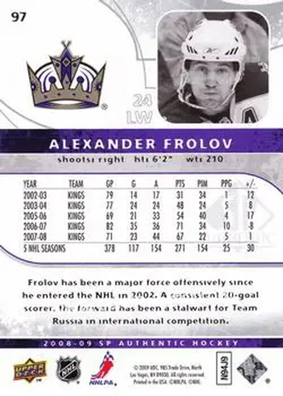 2008-09 SP Authentic #97 - Alexander Frolov - Los Angeles Kings - Back 2008-09 SP Authentic #97 - Alexander Frolov - Los Angeles Kings - Back