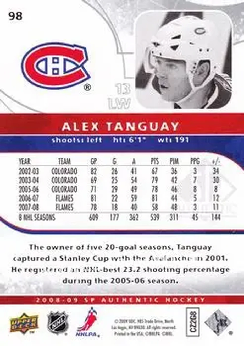 2008-09 SP Authentic #98 - Alex Tanguay - Montreal Canadiens - Back 2008-09 SP Authentic #98 - Alex Tanguay - Montreal Canadiens - Back
