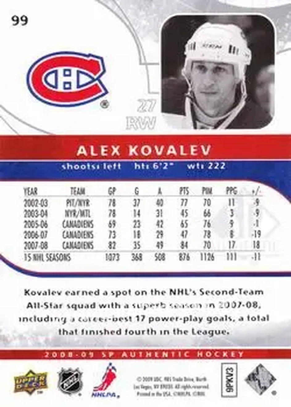2008-09 SP Authentic #99 - Alexei Kovalev - Montreal Canadiens - Back