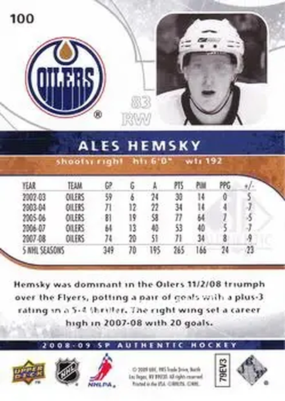 2008-09 SP Authentic #100 - Ales Hemsky - Edmonton Oilers - Back 2008-09 SP Authentic #100 - Ales Hemsky - Edmonton Oilers - Back