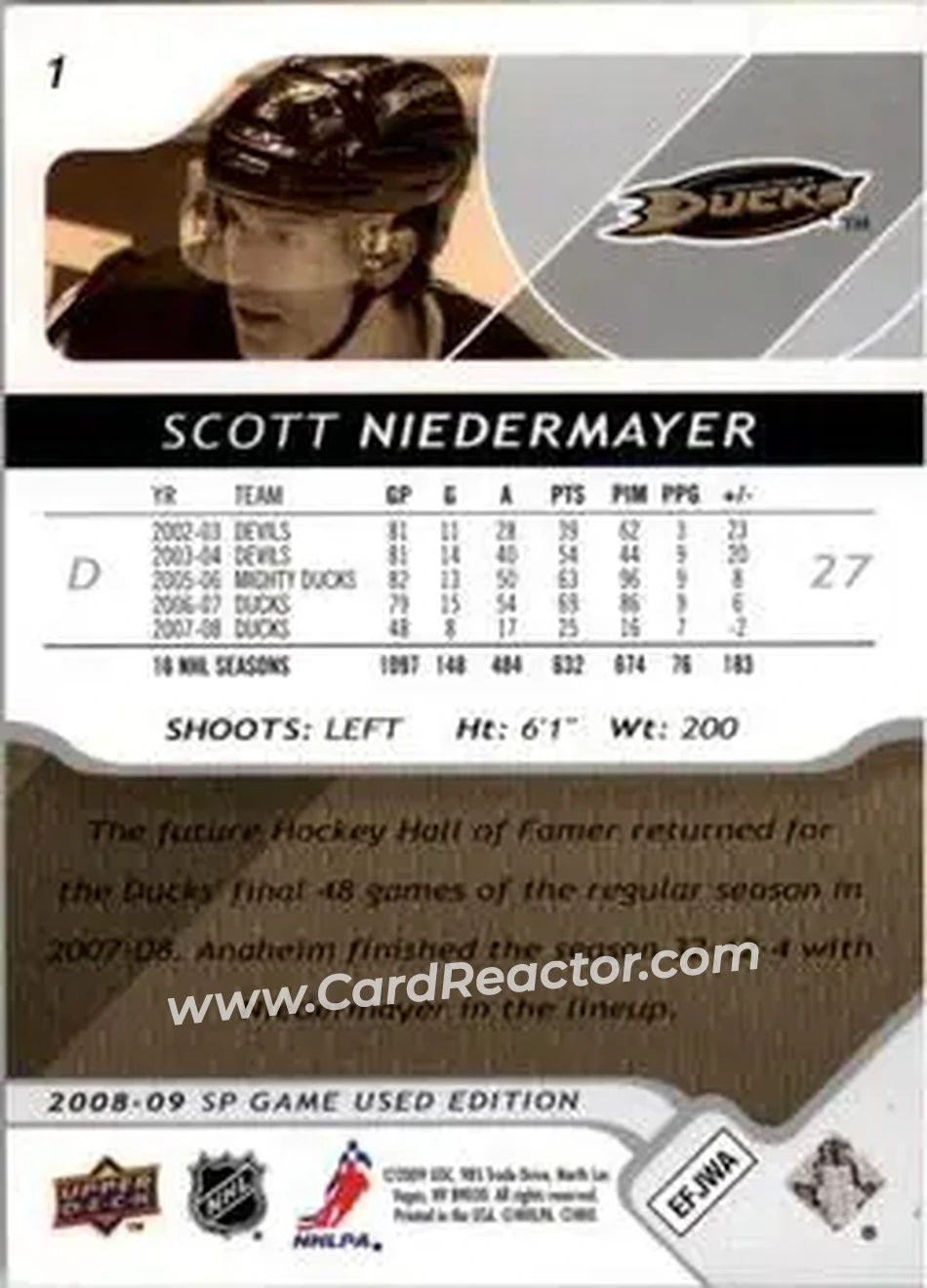 2008-09 SP Game Used #1 - Scott Niedermayer - Anaheim Ducks - Back