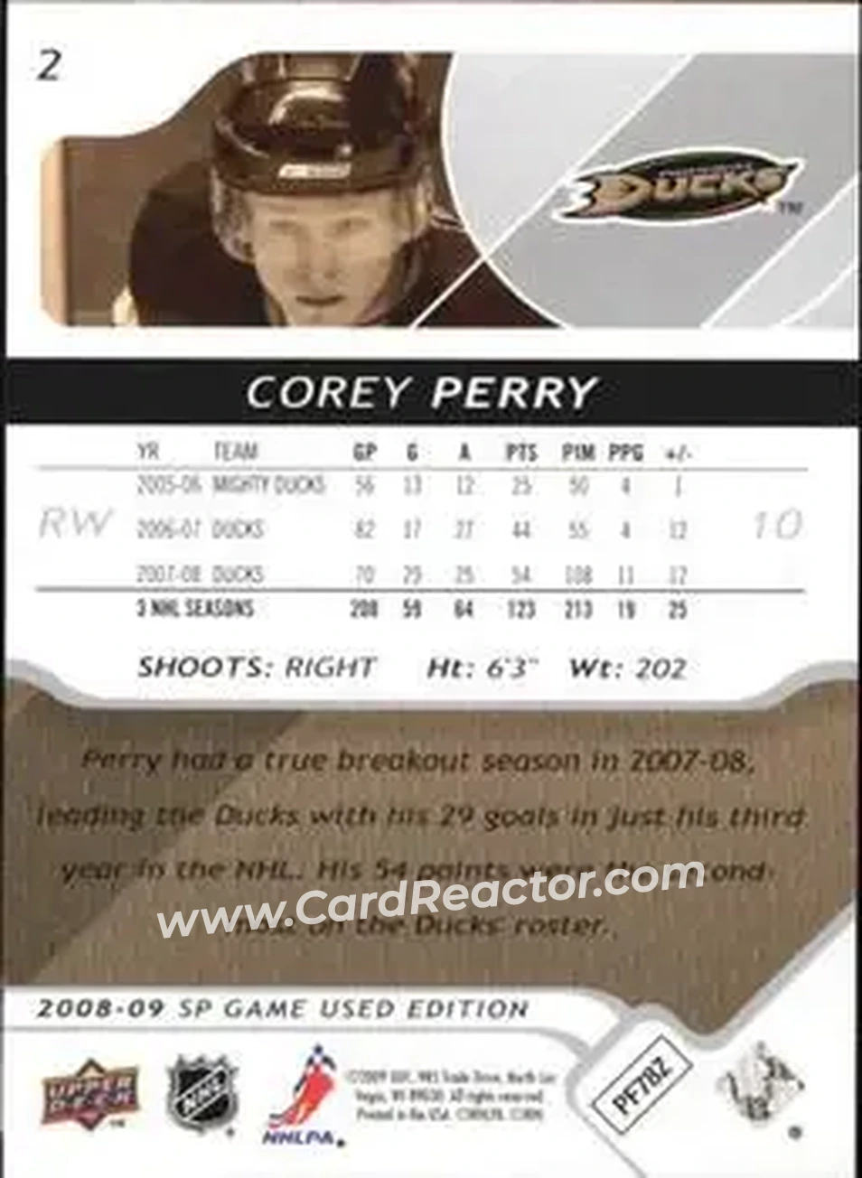 2008-09 SP Game Used #2 - Corey Perry - Anaheim Ducks - Back
