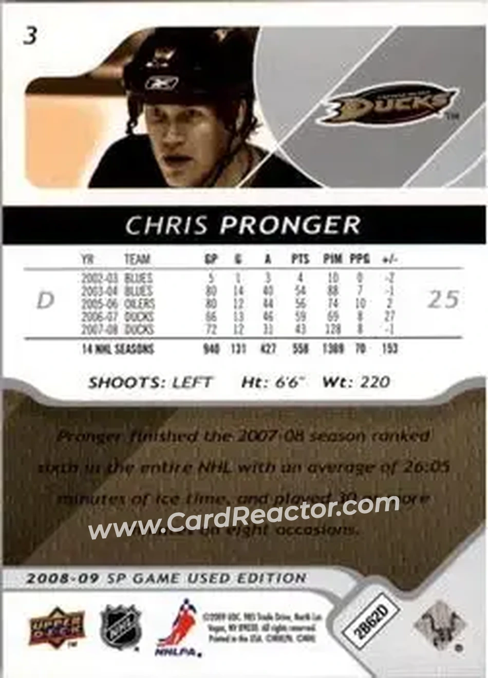 2008-09 SP Game Used #3 - Chris Pronger - Anaheim Ducks - Back
