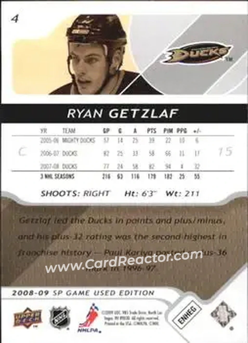2008-09 SP Game Used #4 - Ryan Getzlaf - Anaheim Ducks - Back