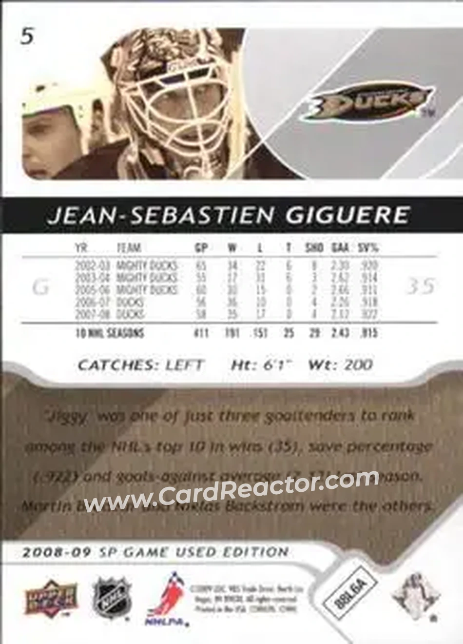 2008-09 SP Game Used #5 - Jean-Sebastien Giguere - Anaheim Ducks - Back