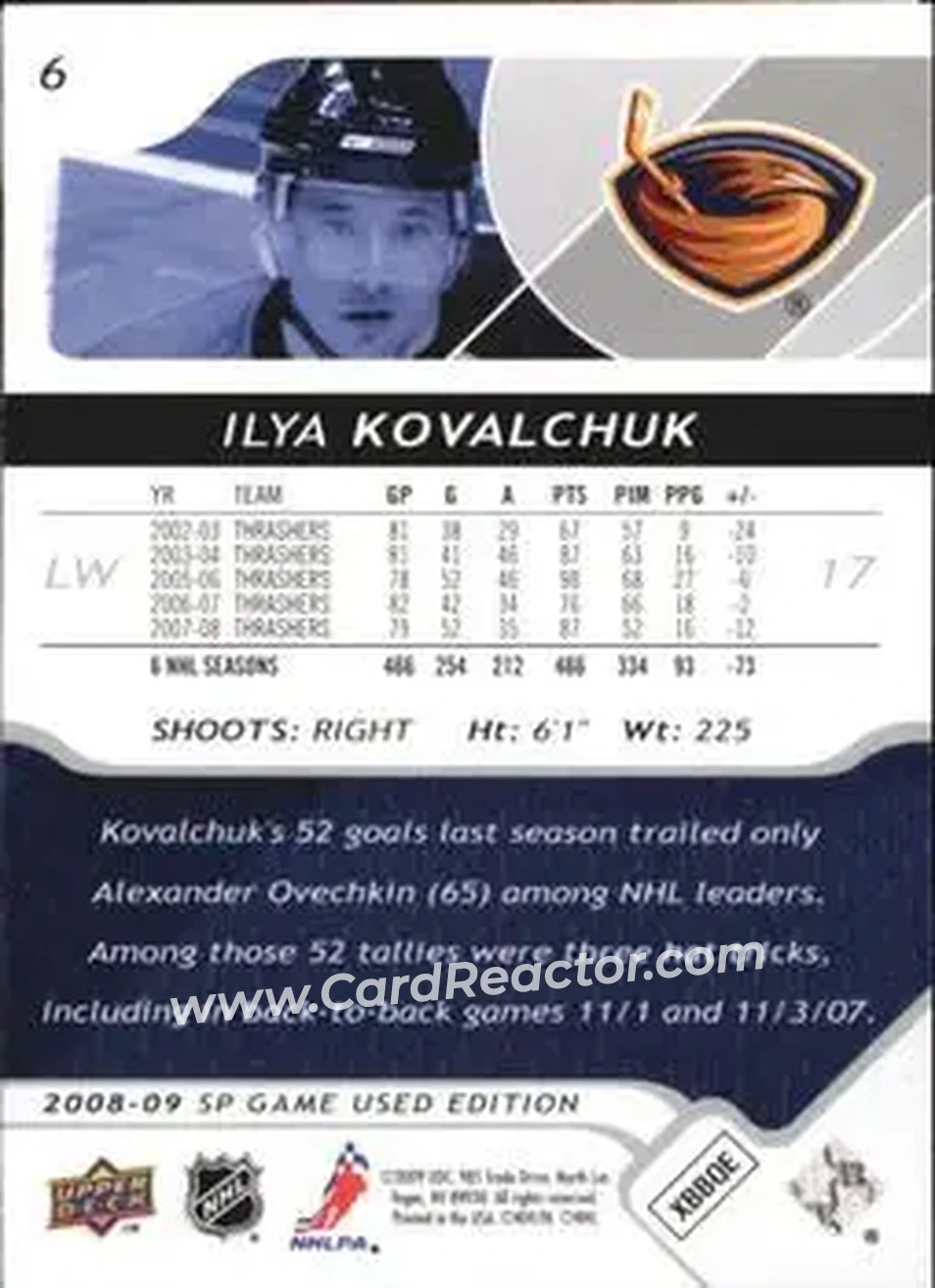 2008-09 SP Game Used #6 - Ilya Kovalchuk - Atlanta Thrashers - Back