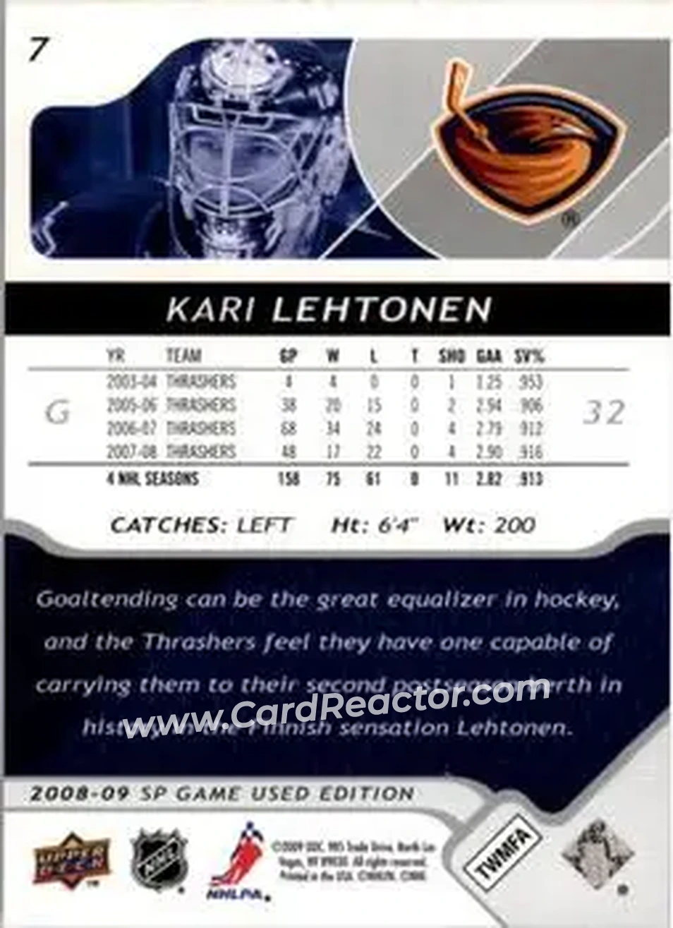 2008-09 SP Game Used #7 - Kari Lehtonen - Atlanta Thrashers - Back