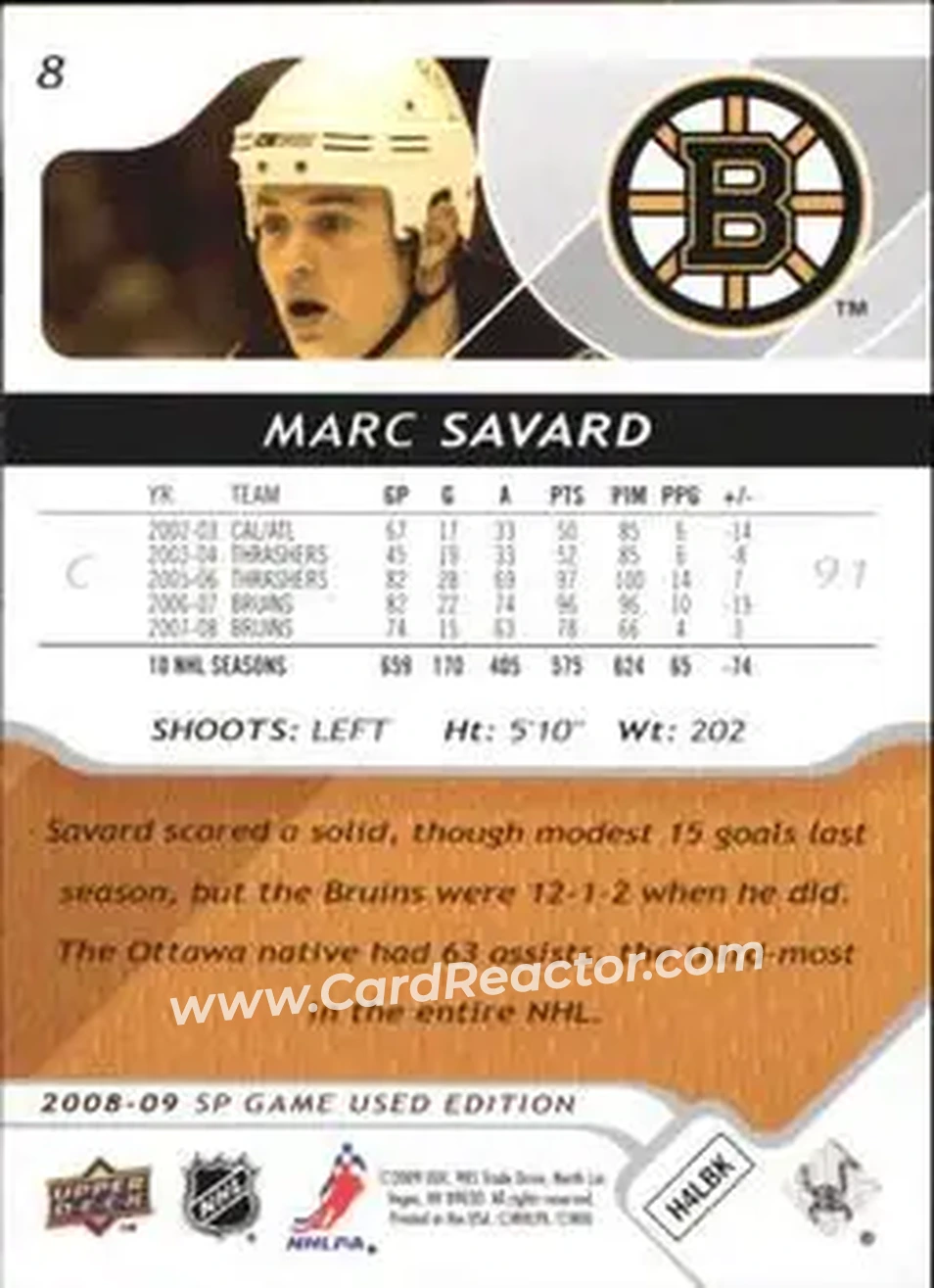 2008-09 SP Game Used #8 - Marc Savard - Boston Bruins - Back