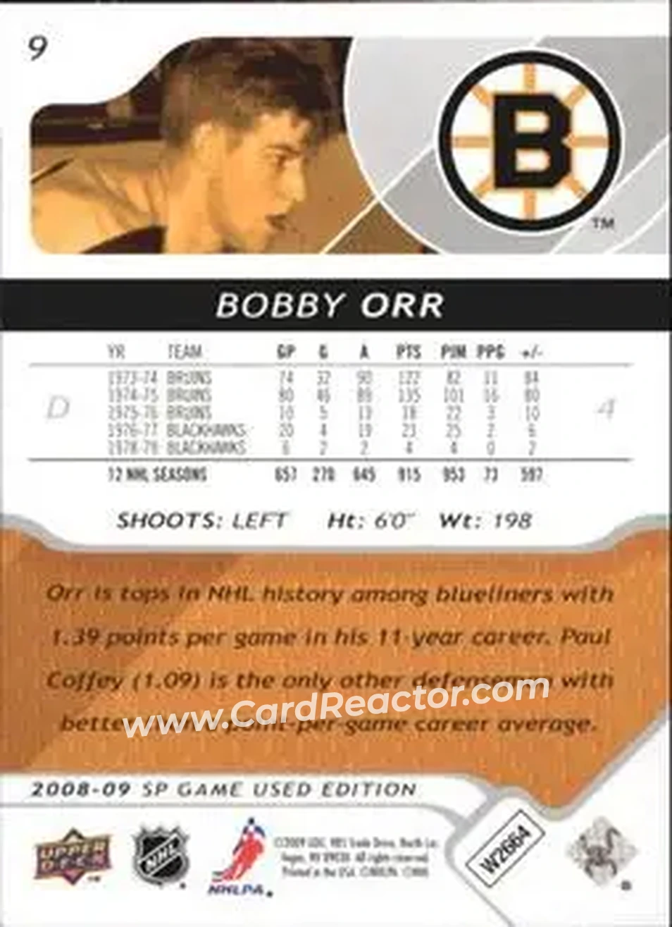 2008-09 SP Game Used #9 - Bobby Orr - Boston Bruins - Back 2008-09 SP Game Used #9 - Bobby Orr - Boston Bruins - Back