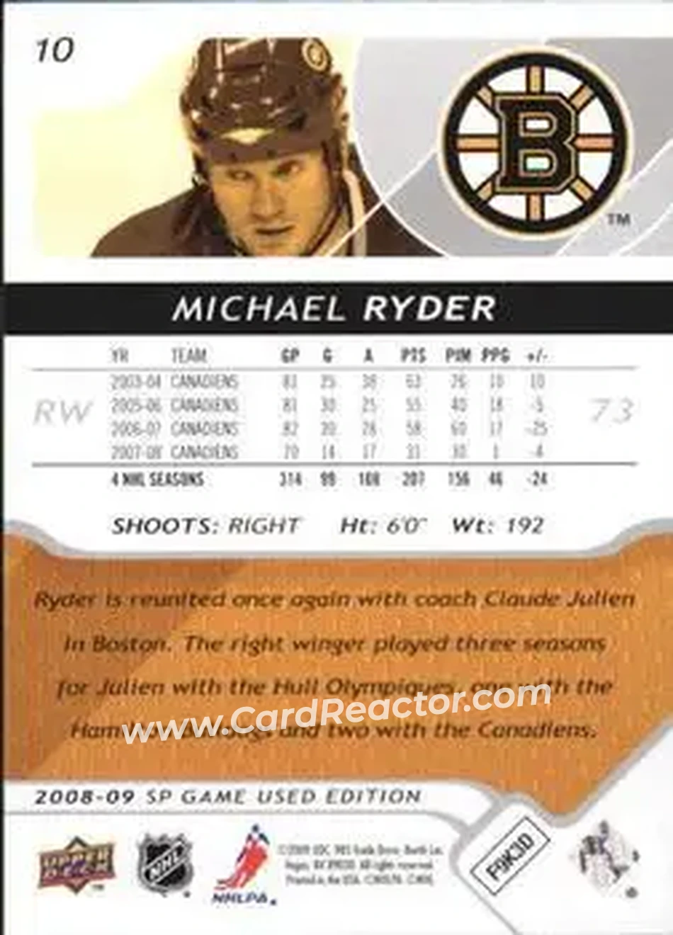 2008-09 SP Game Used #10 - Michael Ryder - Boston Bruins - Back