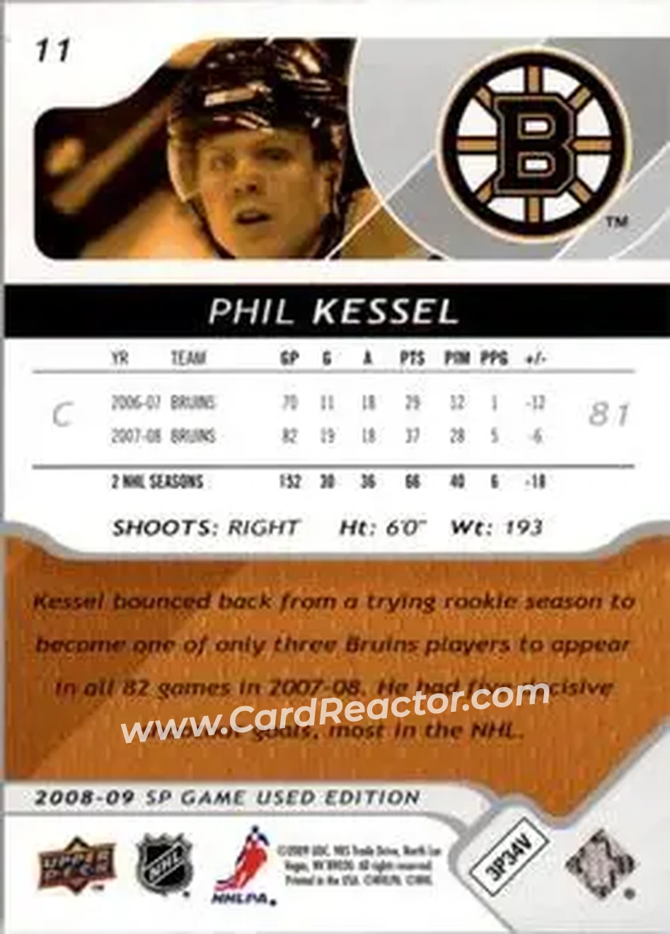 2008-09 SP Game Used #11 - Phil Kessel - Boston Bruins - Back