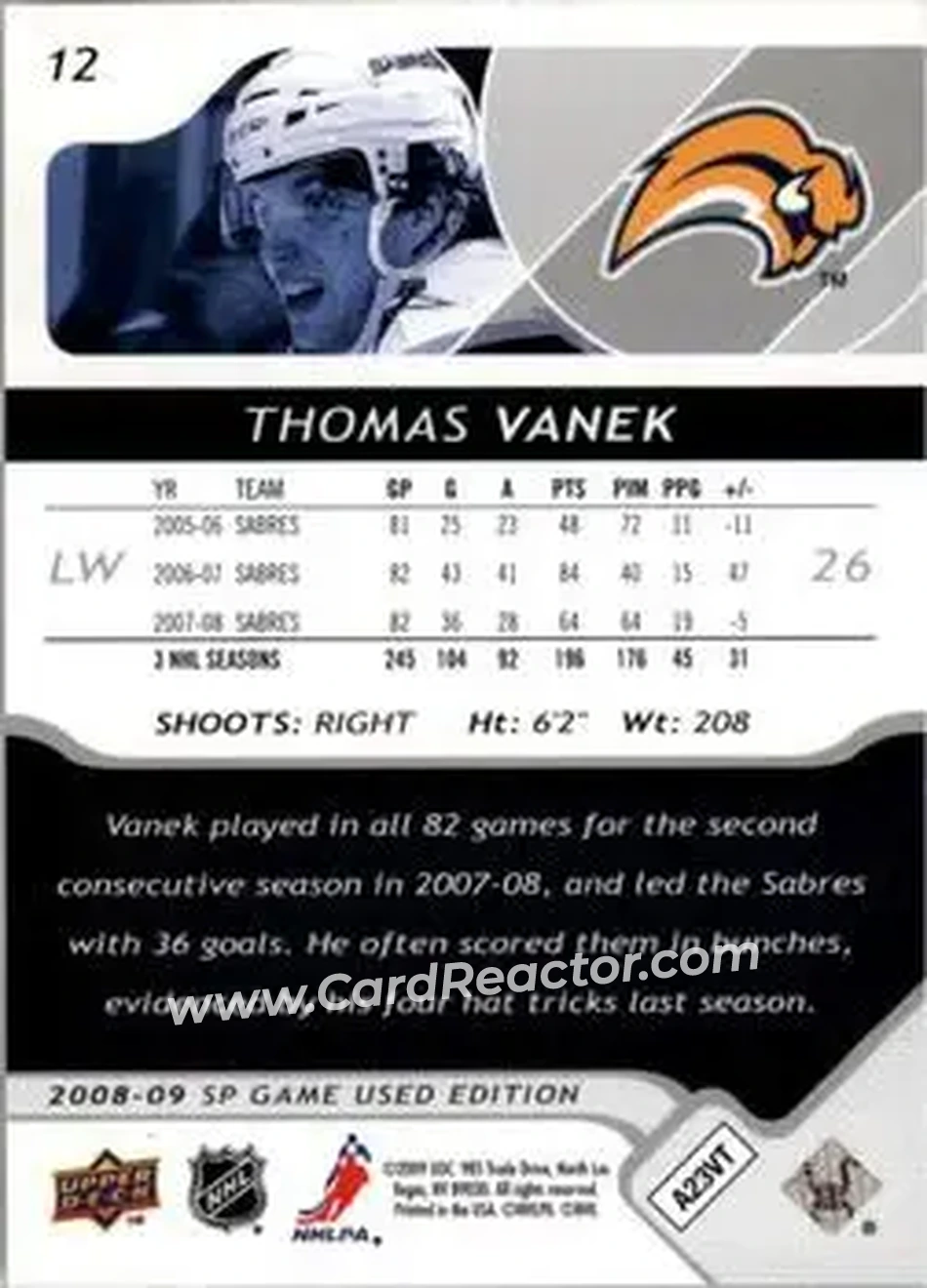 2008-09 SP Game Used #12 - Thomas Vanek - Buffalo Sabres - Back