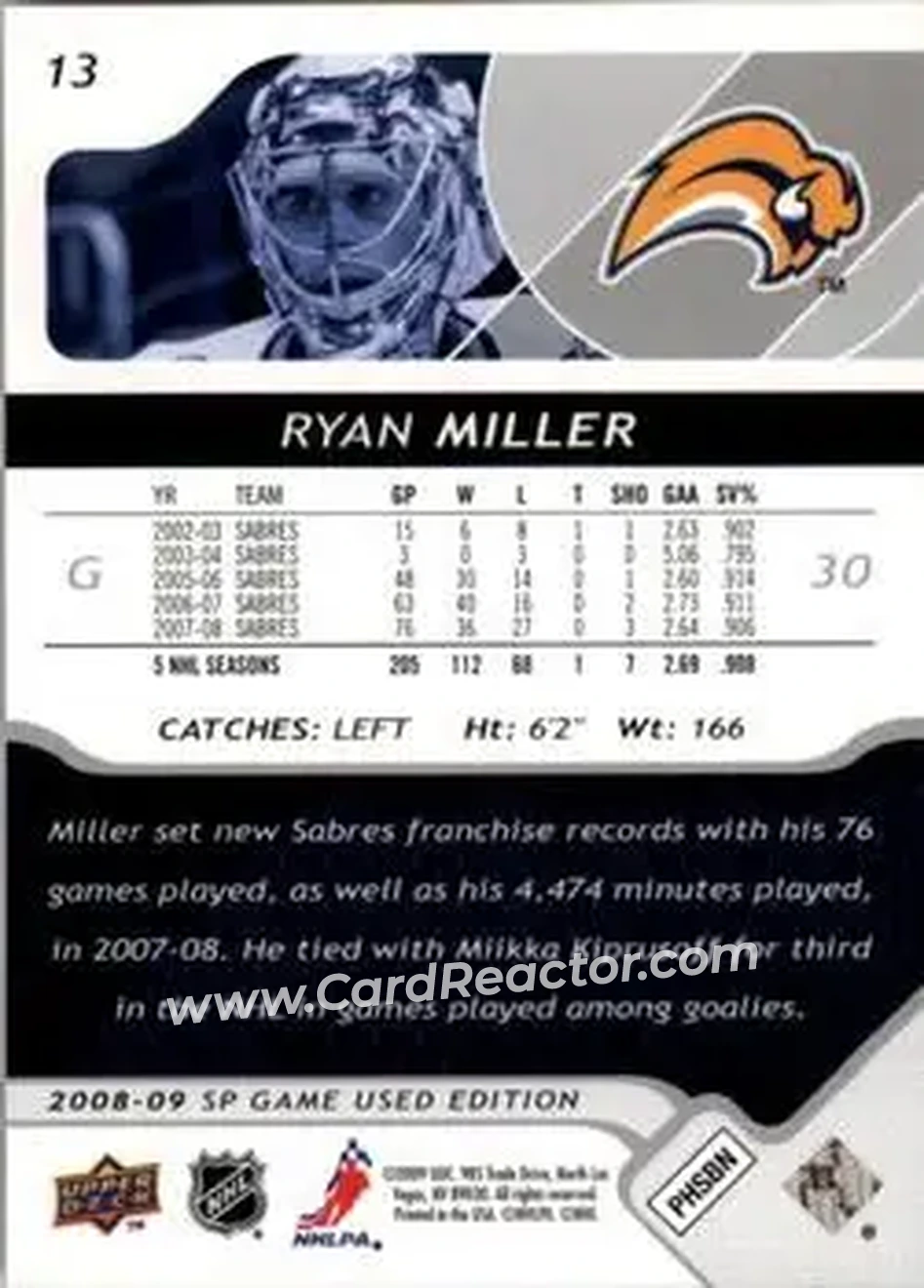 2008-09 SP Game Used #13 - Ryan Miller - Buffalo Sabres - Back