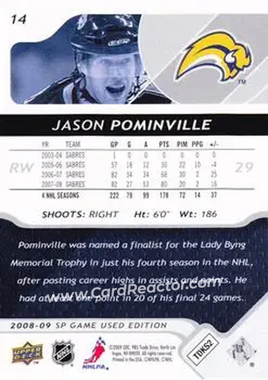 2008-09 SP Game Used #14 - Jason Pominville - Buffalo Sabres - Back