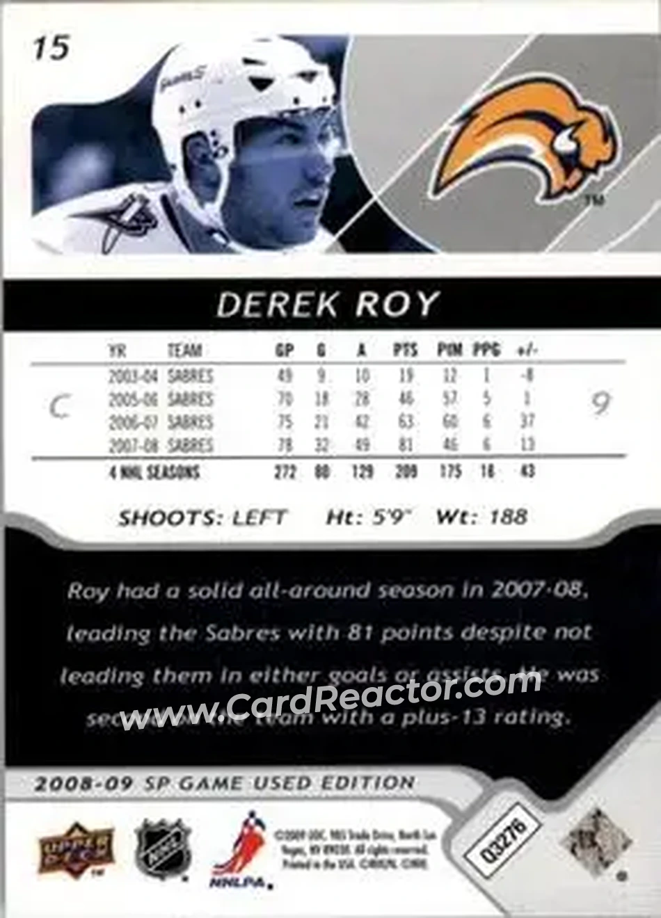 2008-09 SP Game Used #15 - Derek Roy - Buffalo Sabres - Back 2008-09 SP Game Used #15 - Derek Roy - Buffalo Sabres - Back