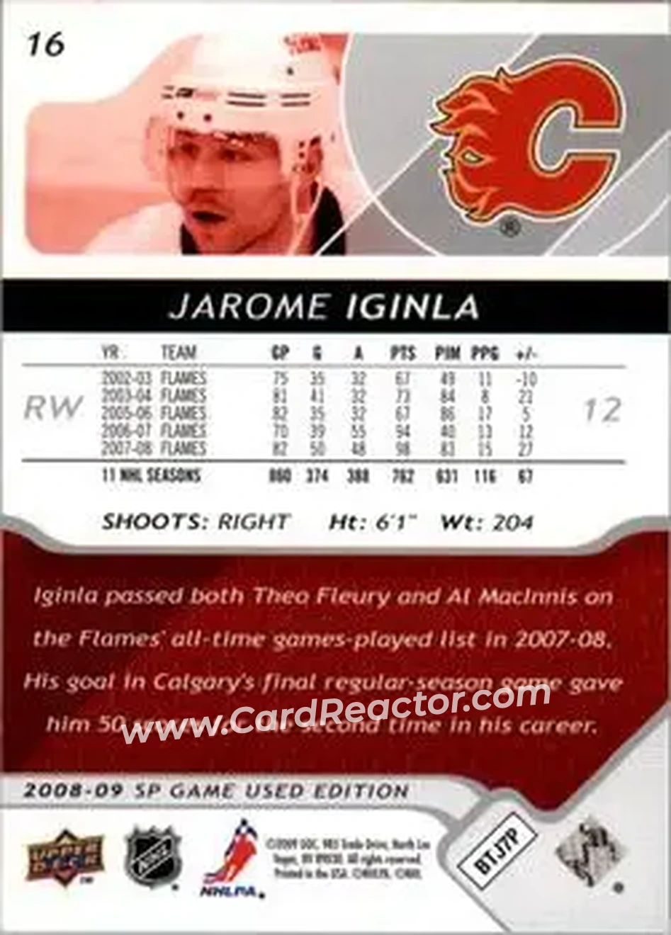 2008-09 SP Game Used #16 - Jarome Iginla - Calgary Flames - Back 2008-09 SP Game Used #16 - Jarome Iginla - Calgary Flames - Back