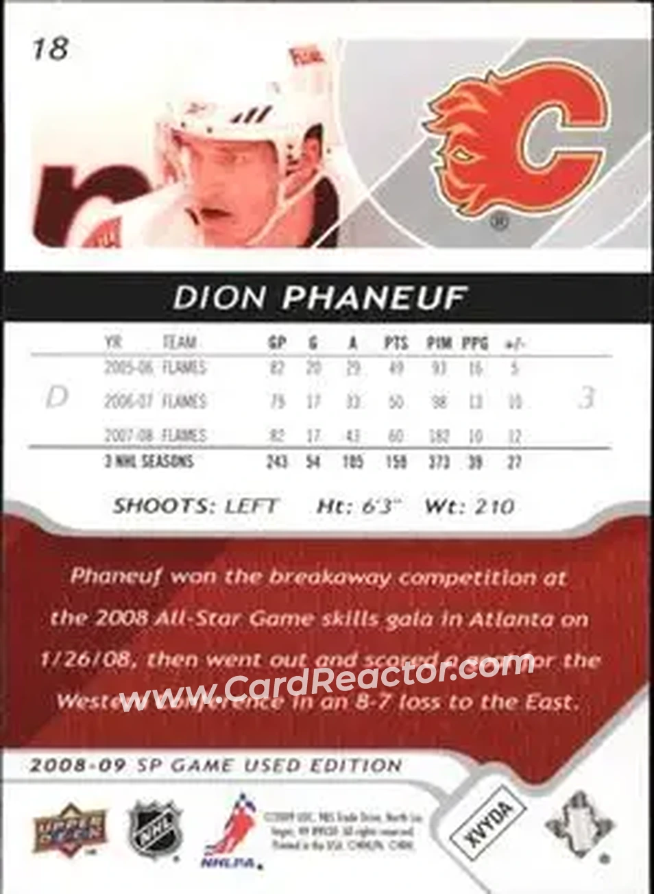 2008-09 SP Game Used #18 - Dion Phaneuf - Calgary Flames - Back 2008-09 SP Game Used #18 - Dion Phaneuf - Calgary Flames - Back