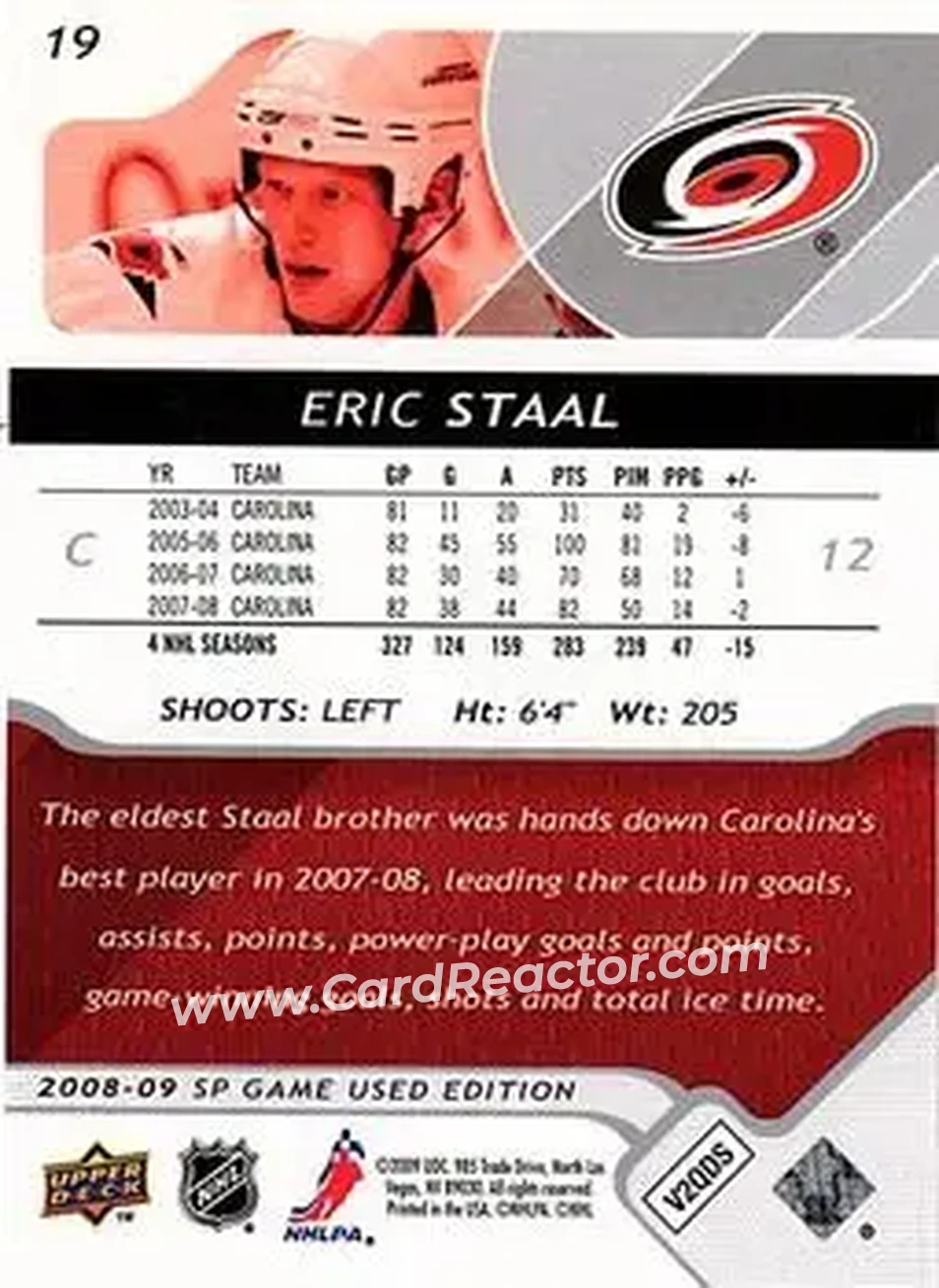 2008-09 SP Game Used #19 - Eric Staal - Carolina Hurricanes - Back