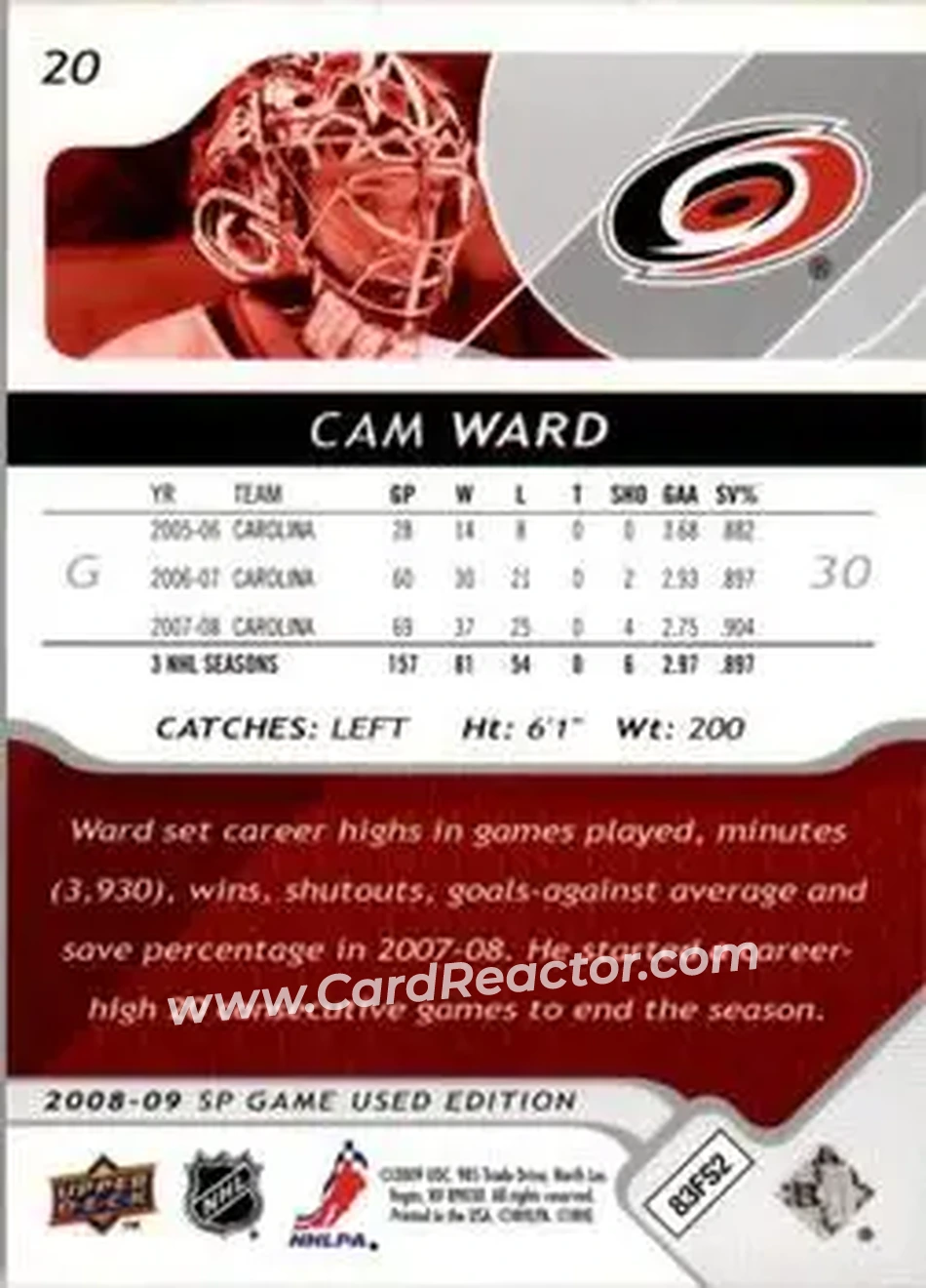 2008-09 SP Game Used #20 - Cam Ward - Carolina Hurricanes - Back