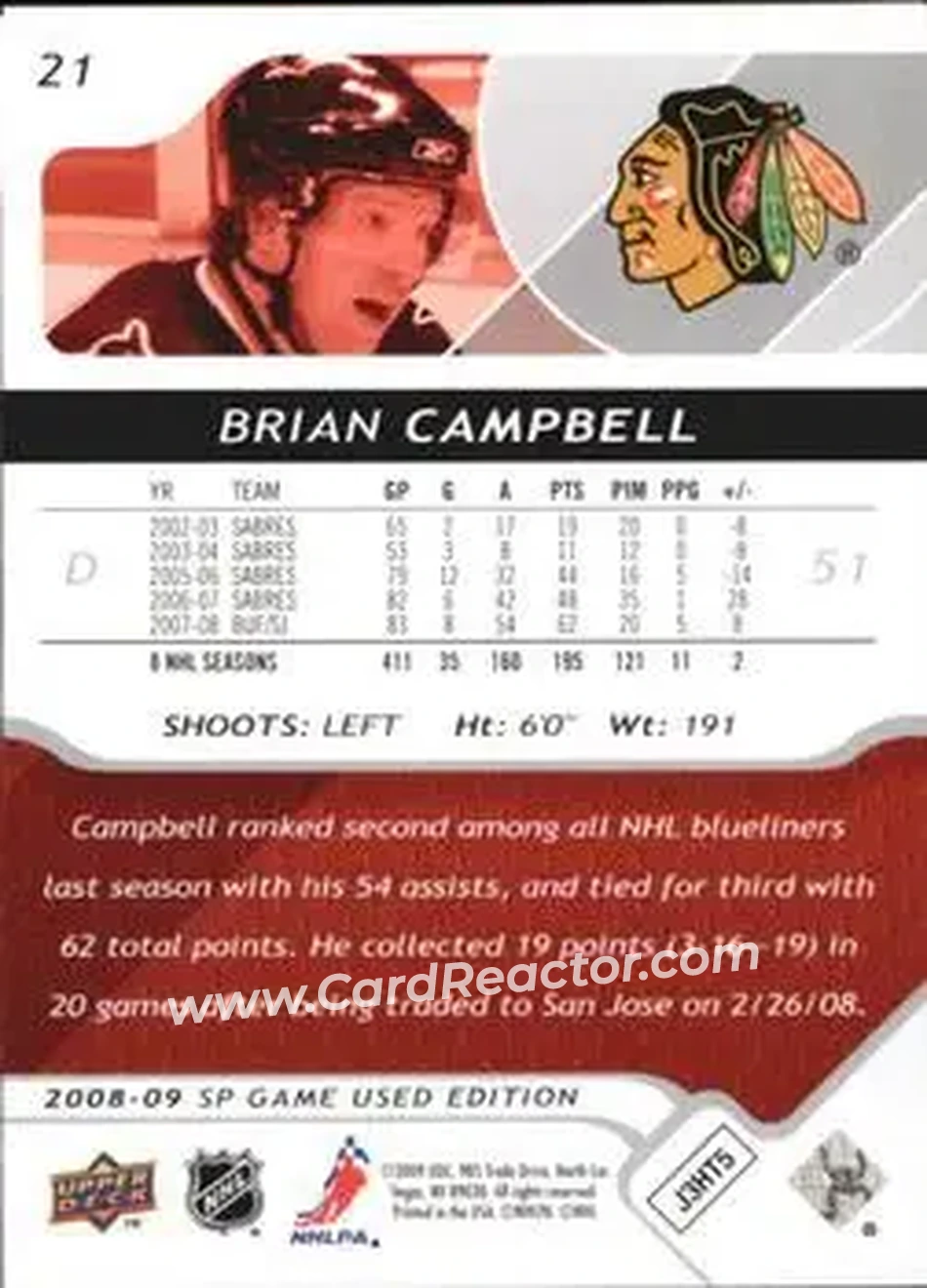 2008-09 SP Game Used #21 - Brian Campbell - Chicago Blackhawks - Back 2008-09 SP Game Used #21 - Brian Campbell - Chicago Blackhawks - Back