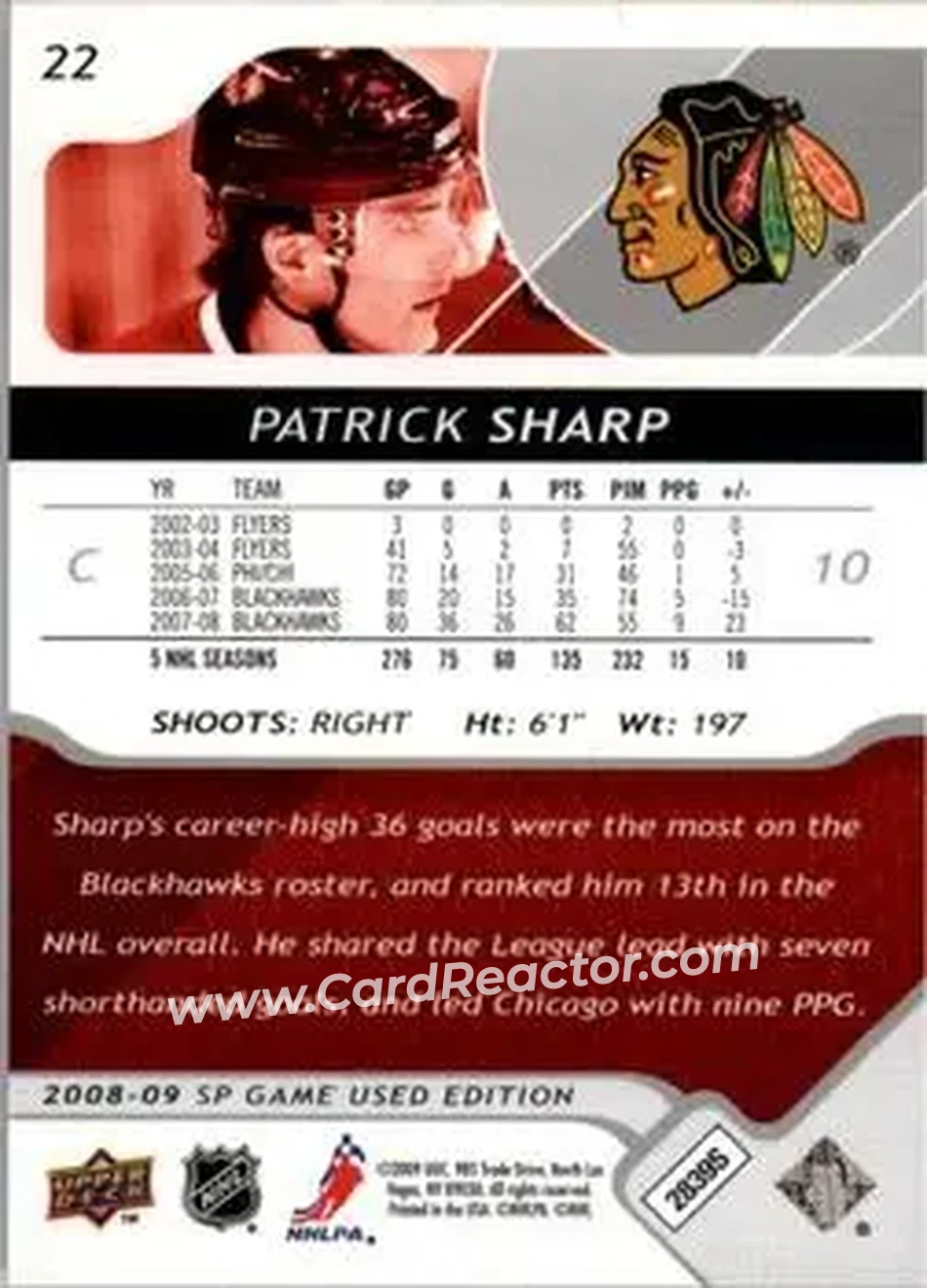 2008-09 SP Game Used #22 - Patrick Sharp - Chicago Blackhawks - Back 2008-09 SP Game Used #22 - Patrick Sharp - Chicago Blackhawks - Back
