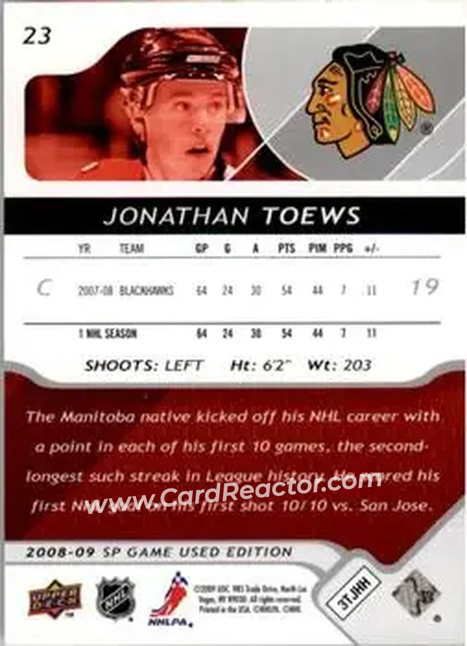 2008-09 SP Game Used #23 - Jonathan Toews - Chicago Blackhawks - Back 2008-09 SP Game Used #23 - Jonathan Toews - Chicago Blackhawks - Back