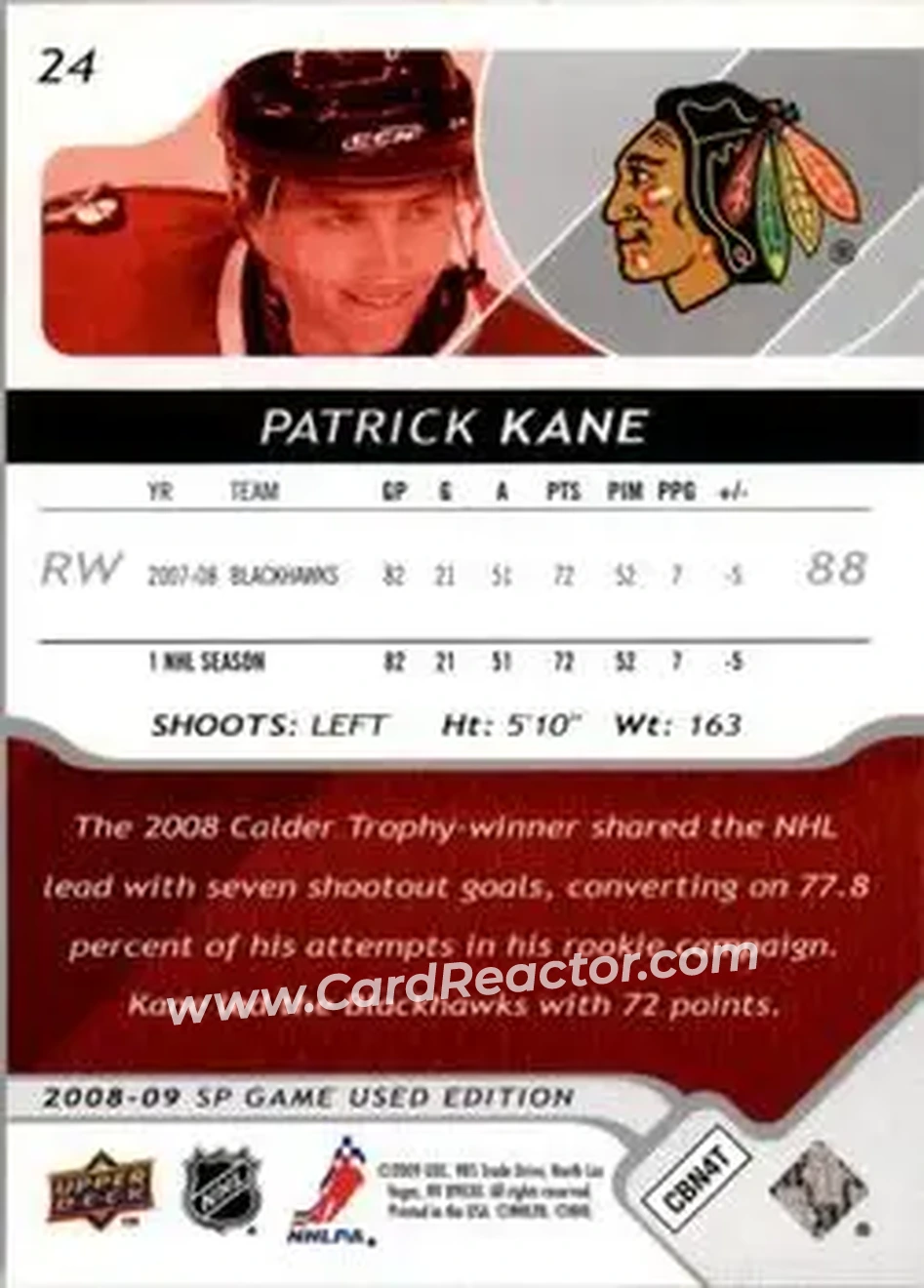 2008-09 SP Game Used #24 - Patrick Kane - Chicago Blackhawks - Back 2008-09 SP Game Used #24 - Patrick Kane - Chicago Blackhawks - Back