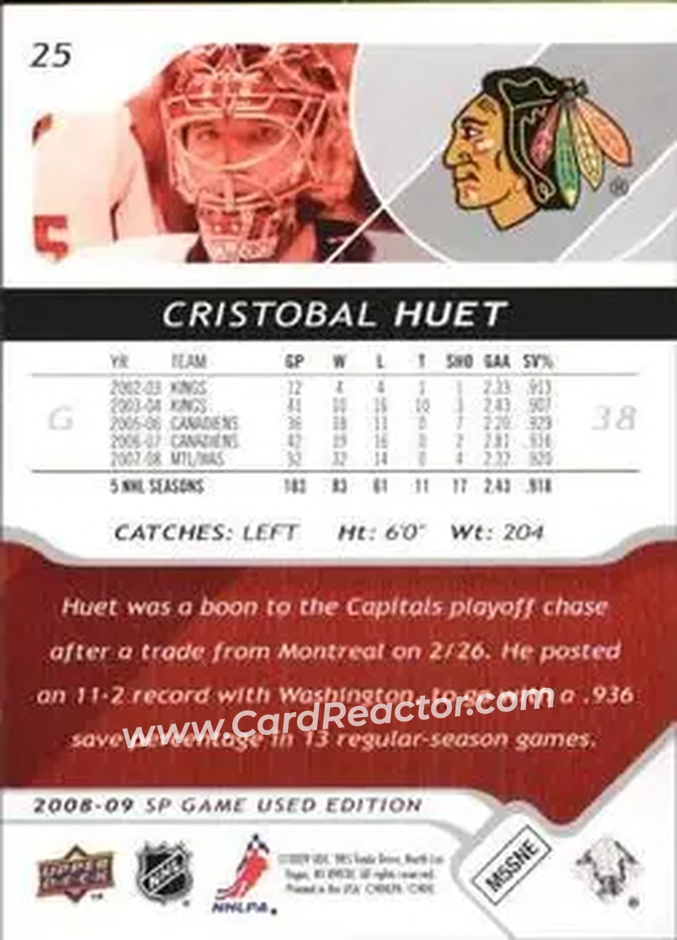 2008-09 SP Game Used #25 - Cristobal Huet - Chicago Blackhawks - Back 2008-09 SP Game Used #25 - Cristobal Huet - Chicago Blackhawks - Back
