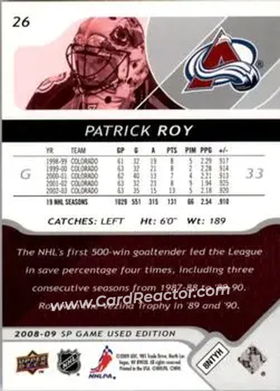 2008-09 SP Game Used #26 - Patrick Roy - Colorado Avalanche - Back