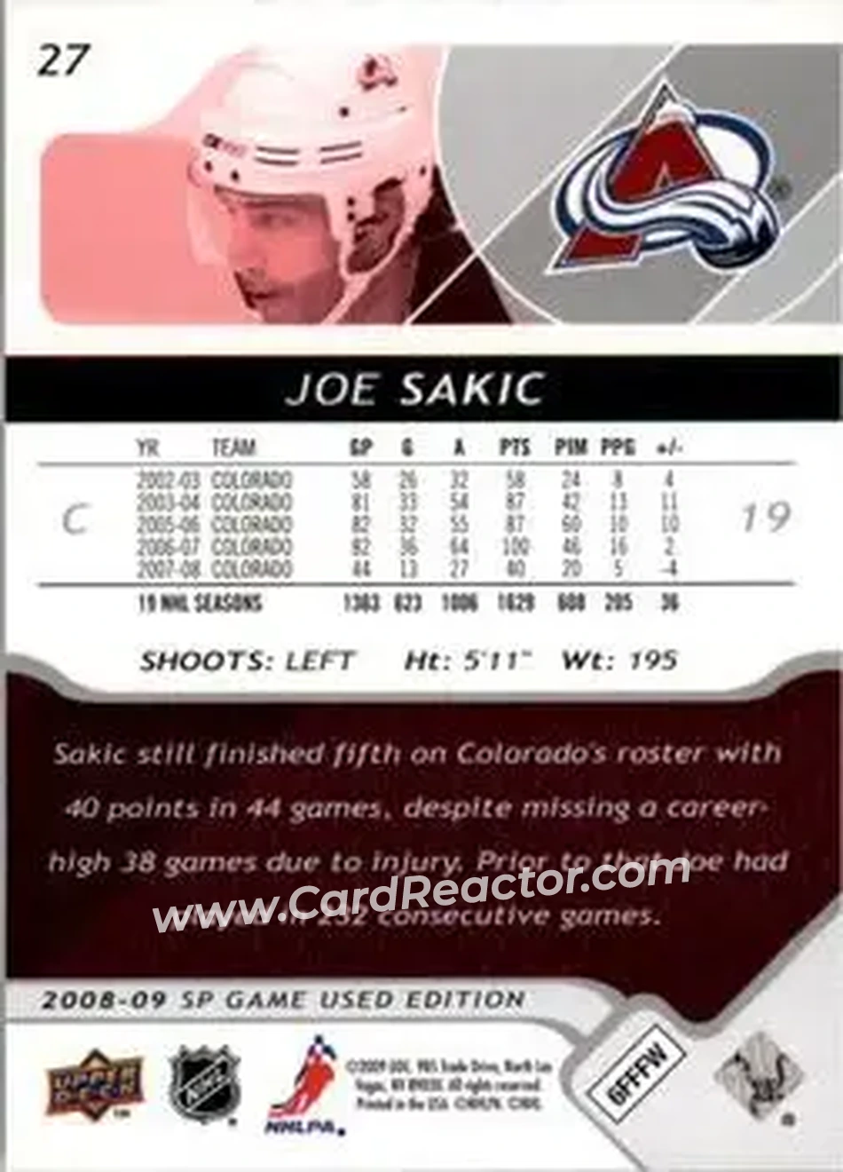 2008-09 SP Game Used #27 - Joe Sakic - Colorado Avalanche - Back