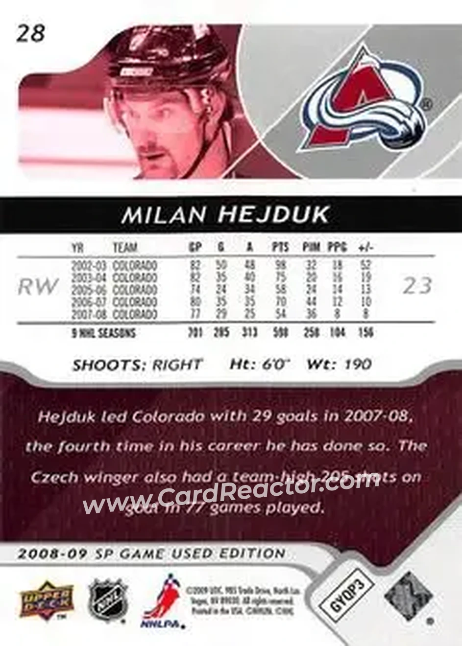 2008-09 SP Game Used #28 - Milan Hejduk - Colorado Avalanche - Back