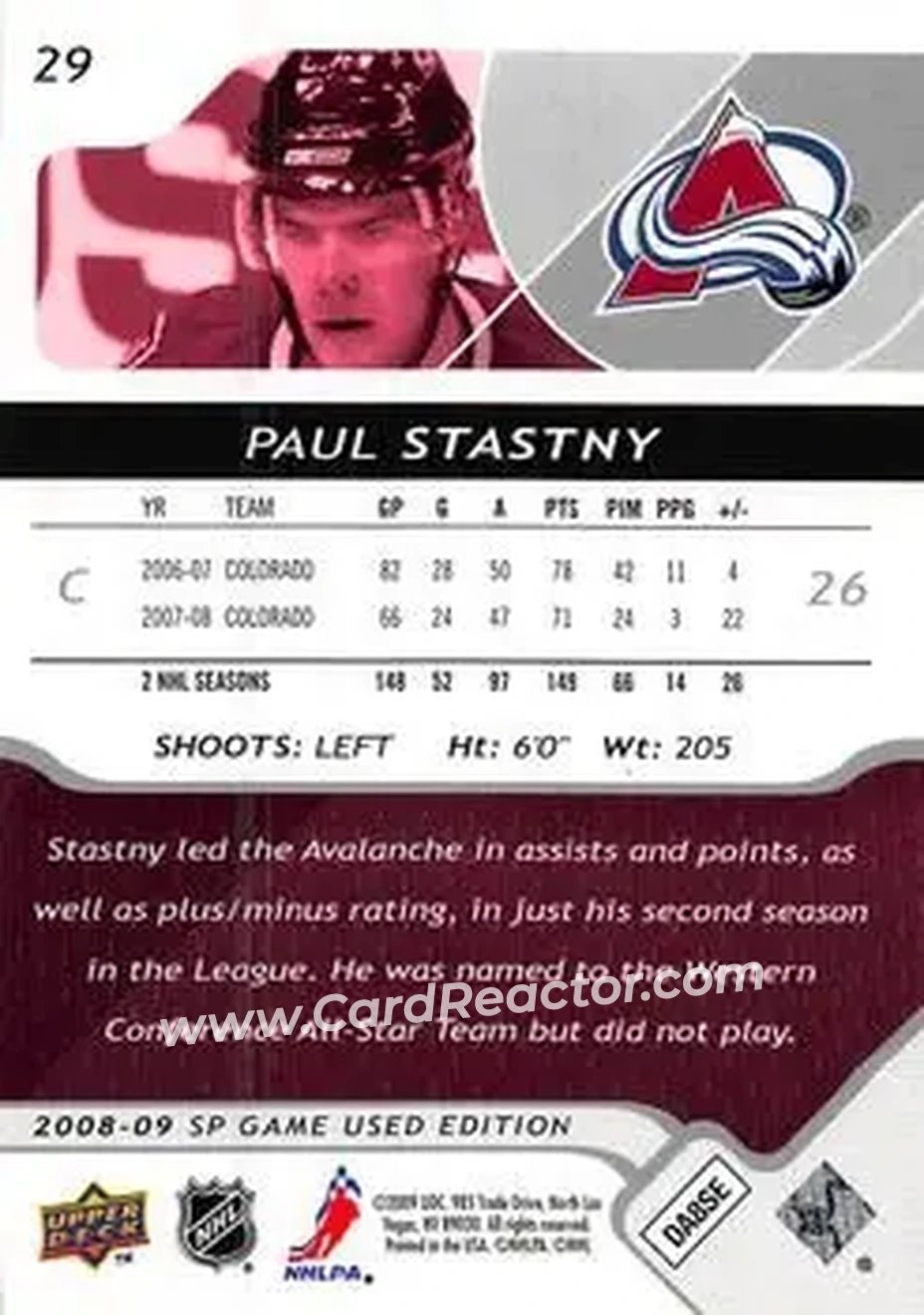 2008-09 SP Game Used #29 - Paul Stastny - Colorado Avalanche - Back
