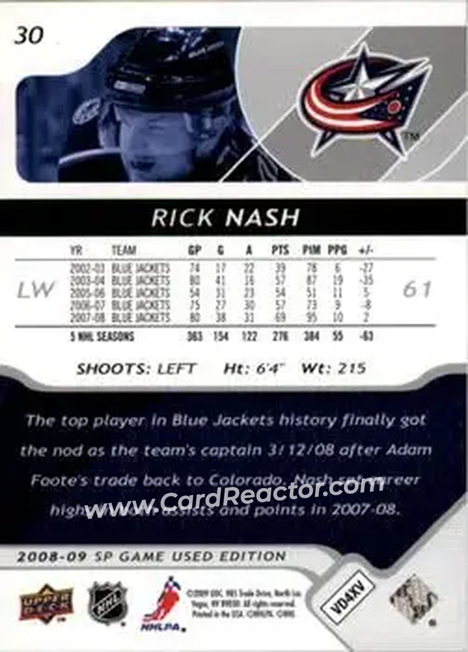 2008-09 SP Game Used #30 - Rick Nash - Columbus Blue Jackets - Back