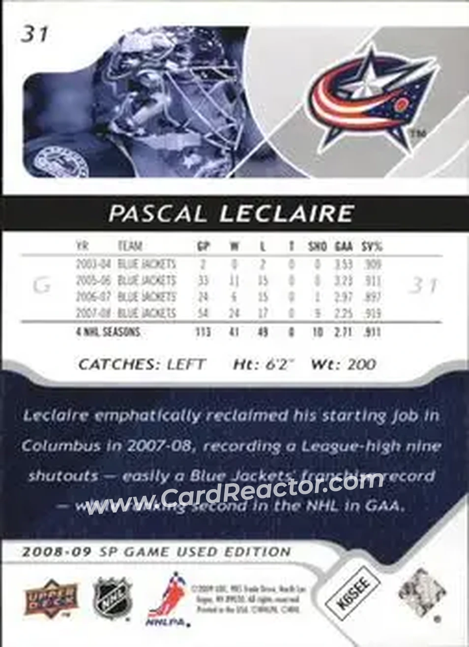 2008-09 SP Game Used #31 - Pascal Leclaire - Columbus Blue Jackets - Back